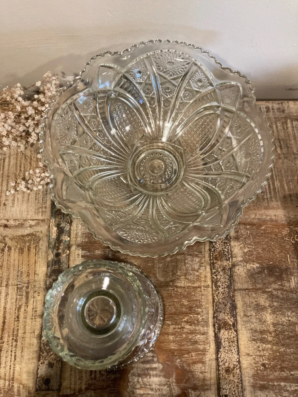 Mismatched Glass Punch Bowl and Base Flowers Pattern